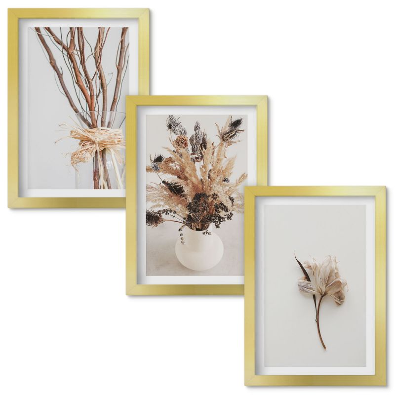 Set Obrazów w Ramie Wallfluent Kwiaty gałęzie minimalistycznie Złota rama 20x30cm 3 szt.