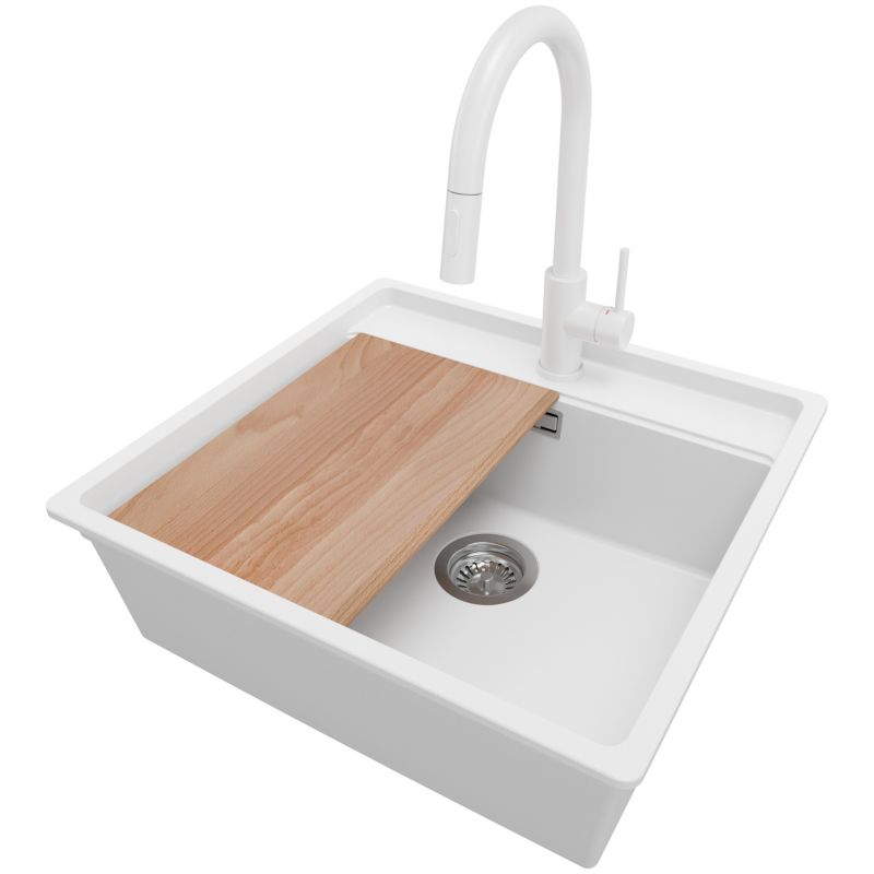 Zlewozmywak Granitowy Bergen Low Cut PRIMAGRAN Nablatowy 56x53cm do Szafki od 60cm, Biały + Bateria + Syfon + Deska, S203, 1 szt.