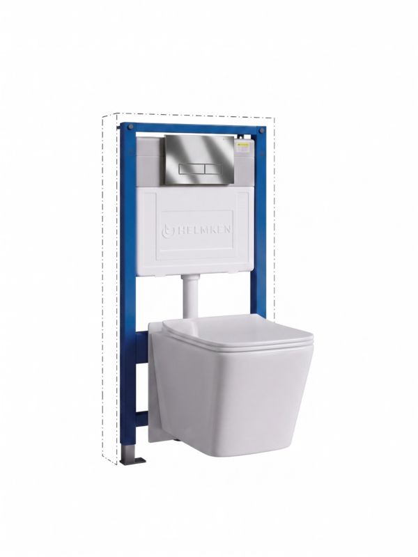 Zestaw podtynkowy WC Helmken 5w1: Przycisk Chrom HD, Miska bezkołnierzowa Rimless 35120001, Deska wolnoopadająca, Mata, 1 szt