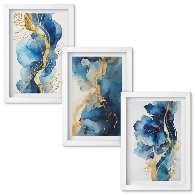 Set Obrazów w Ramie Wallfluent Niebieskie abstrakcyjne wzory Biała rama 20x30cm 3 szt.