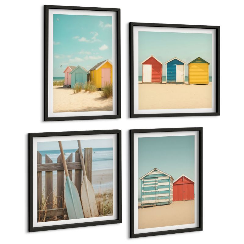 Zestaw Obrazów 4 Częściowy ArtPrintCave (2x50x50+2x40x60cm) Czarna rama Kolorowe domki plaża słońce 1 kpl.