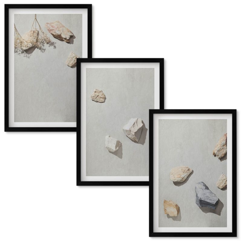 Tryptyk w Ramie Wallfluent Boho kamienie plaża dekoracje Czarna rama 40x60 cm 3 szt.