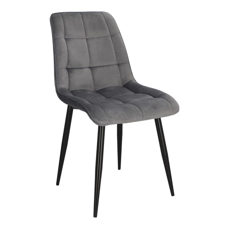 Krzesło do jadalni Plaid INTESI tapicerowane welur szare pikowane glamour czarne nogi 1 szt.