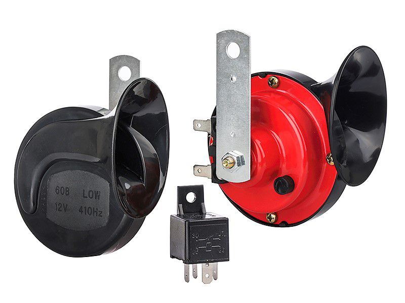 Klakson 12V, 115 dB, dwutonowy, ślimakowy, z przekaźnikiem, Carmotion, 2 szt.