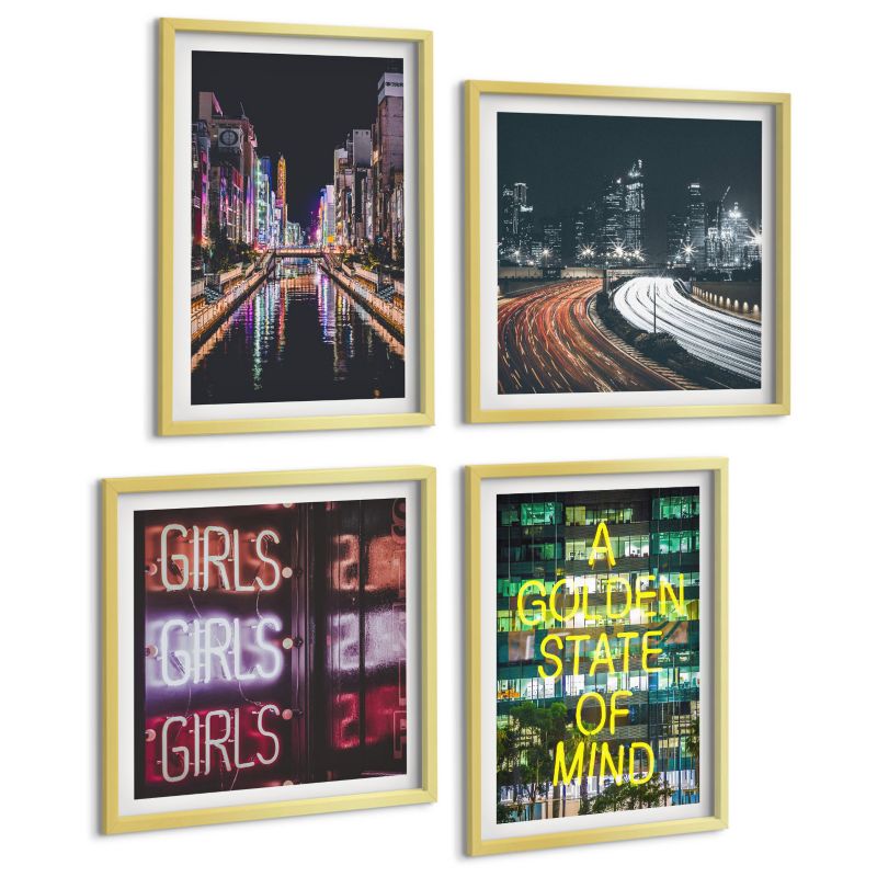 Galeria 4 Obrazów ArtPrintCave (2x50x50+2x40x60cm) Złota rama Neonowe napisy nocą miasto 1 kpl.