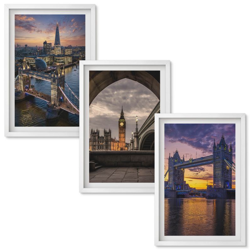 Obrazy do Salonu Wallfluent Miasto mosty wieże zegarowe Biała rama 40x60 cm 3 szt.