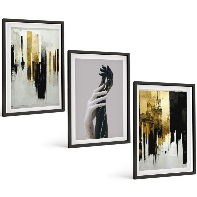 Galeria 3 Obrazów w Czarnej Ramie ArtPrintCave 40x60 cm Komplet ścienny Abstrakcyjne malarskie wzory ręce 1 kpl.