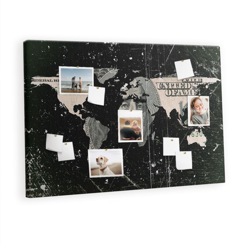 Ozdobna Tablica Korkowa Tulup 120x80 cm Mapa świata dolar Nowoczesna tablica Pinezki drewniane 1 kpl