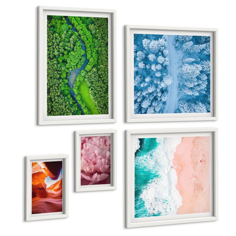 Zestaw Obrazów 5 Częściowy ArtPrintCave (2x50x50+2x20x30+40x60cm) Biała rama Konie ruch plaża latarnia góry 1 kpl.