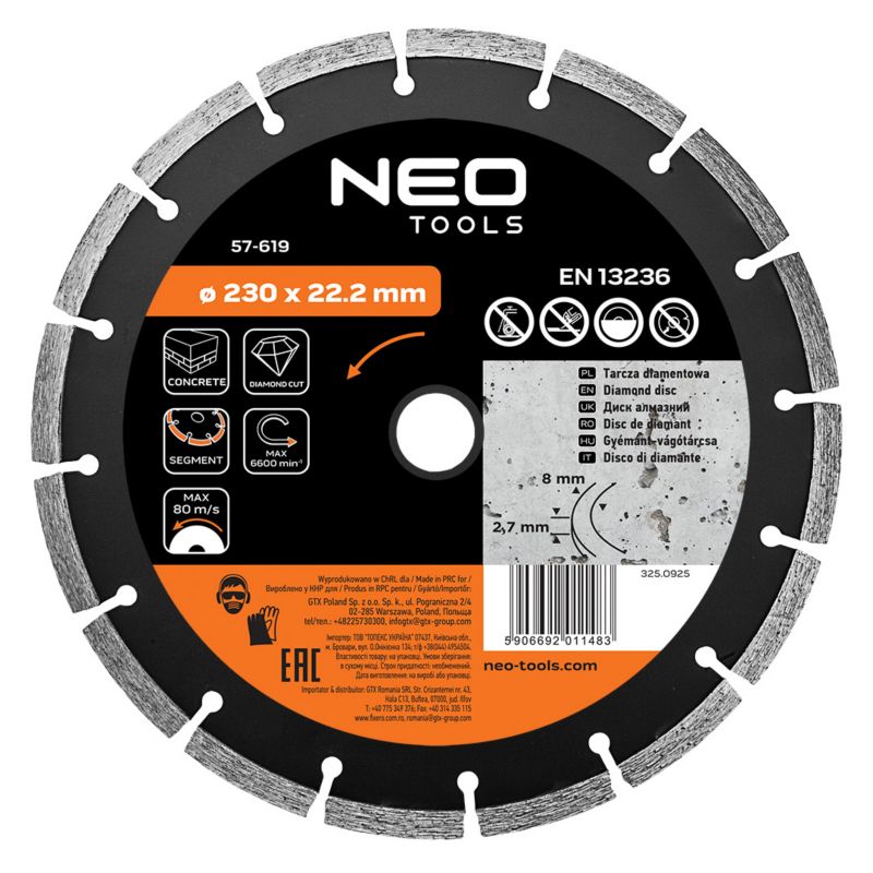Tarcza diamentowa NEO TOOLS 230 x 22.2 mm, segmentowa 1 szt