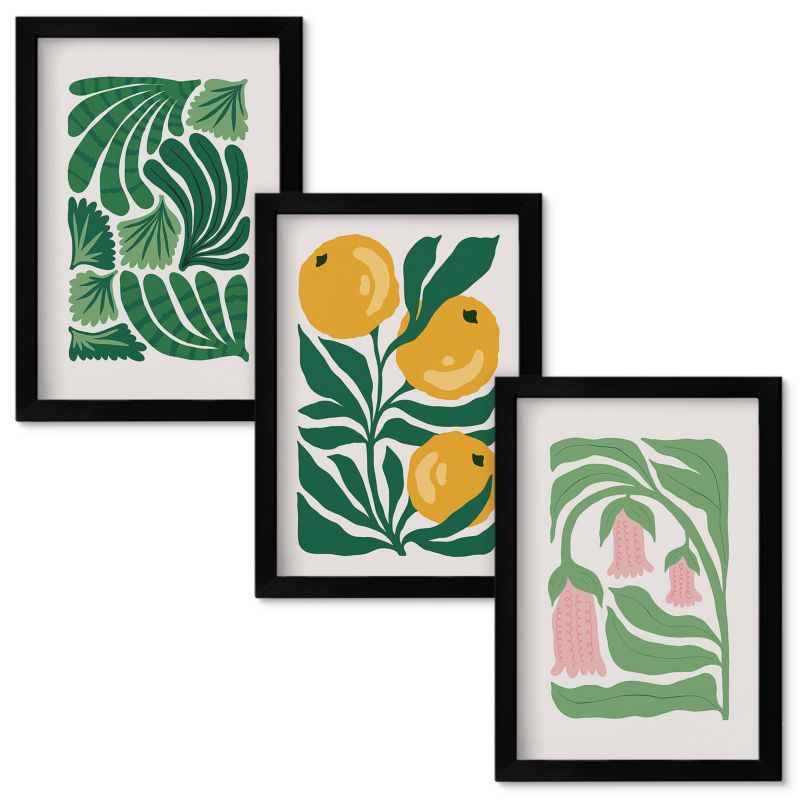 Set Obrazów w Ramie Wallfluent Minimalistyczne wzory roślinne Czarna rama 20x30cm 3 szt.