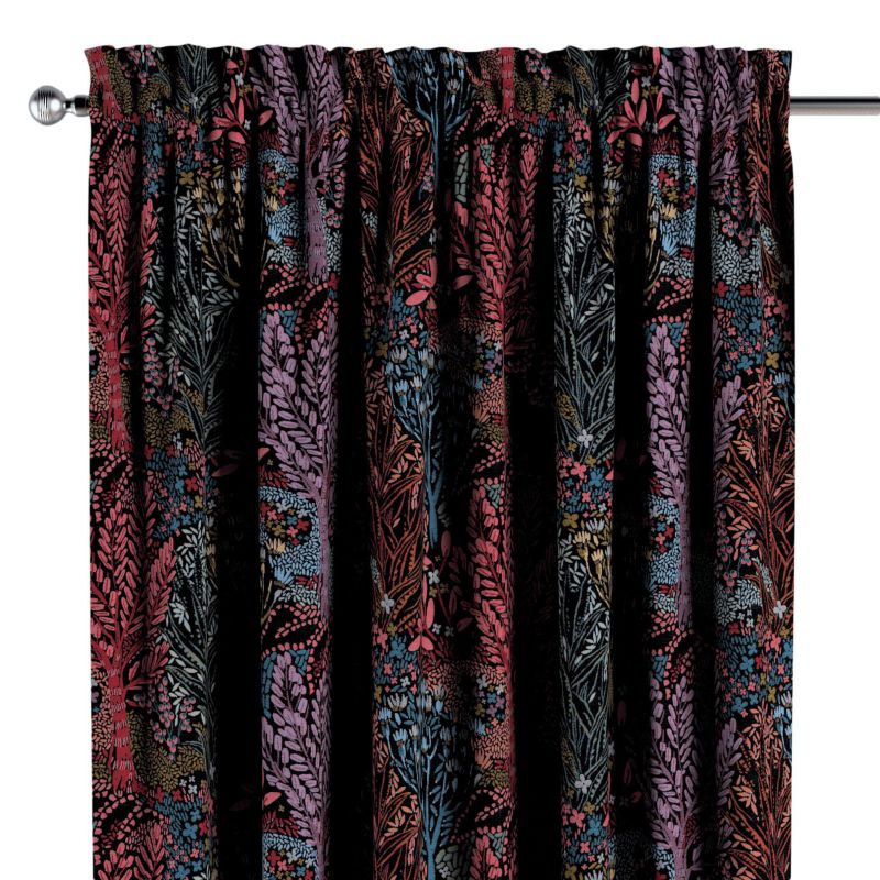 Zasłona na kanale z grzywką 1 szt. 130 x 245 cm Dekoria kolorowe rośliny na czarnym tle 1 szt.