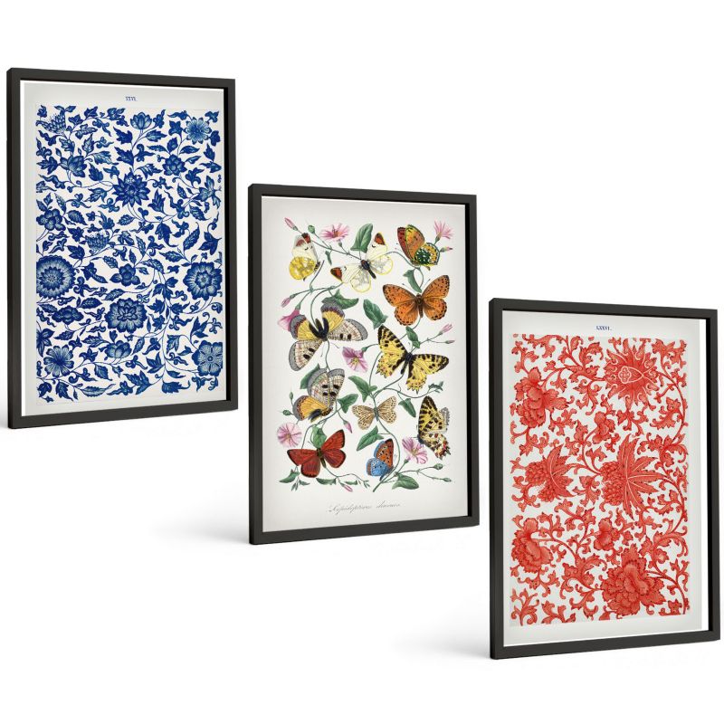 Trzyczęściowy Zestaw Obrazów ArtPrintCave 40x60 cm Czarna rama Vintage kwiaty motyle ornamenty 1 kpl.