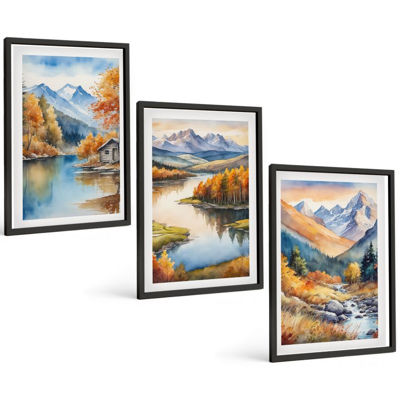 Zestaw 3 Obrazów w Czarnej Ramie ArtPrintCave 40x60 cm Galeria Ścienna Górskie rzeki jesienne drzewa 1 kpl.
