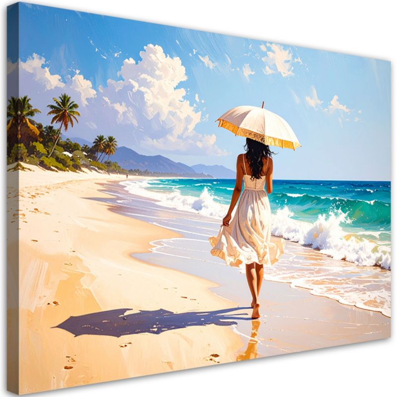 Obraz do salonu sypialni Feeby Kobieta z parasolką spaerująca po plaży 60x40cm 1szt