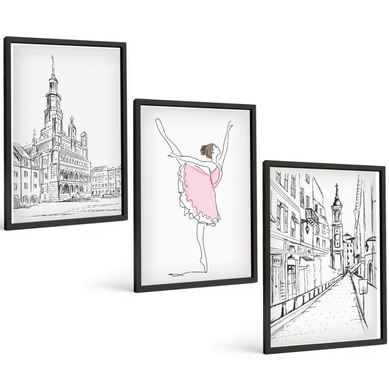 Komplet 3 Obrazów w Czarnej Ramie ArtPrintCave 40x60 cm Grafika Ścienna Stylowe baletnice i architektura 1 kpl.