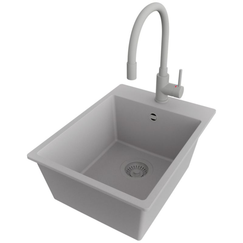 Zlewozmywak Granitowy Ryga PRIMAGRAN Nablatowy 38x50cm do Szafki od 40cm, Cały Szary + Bateria 38x14cm + Syfon, S066, 1 szt.