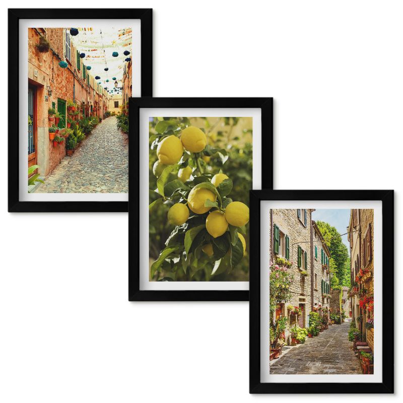 Tryptyk Obrazów w Ramie Wallfluent Uliczki kwiaty cytryny tle Czarna rama 20x30cm 3 szt.