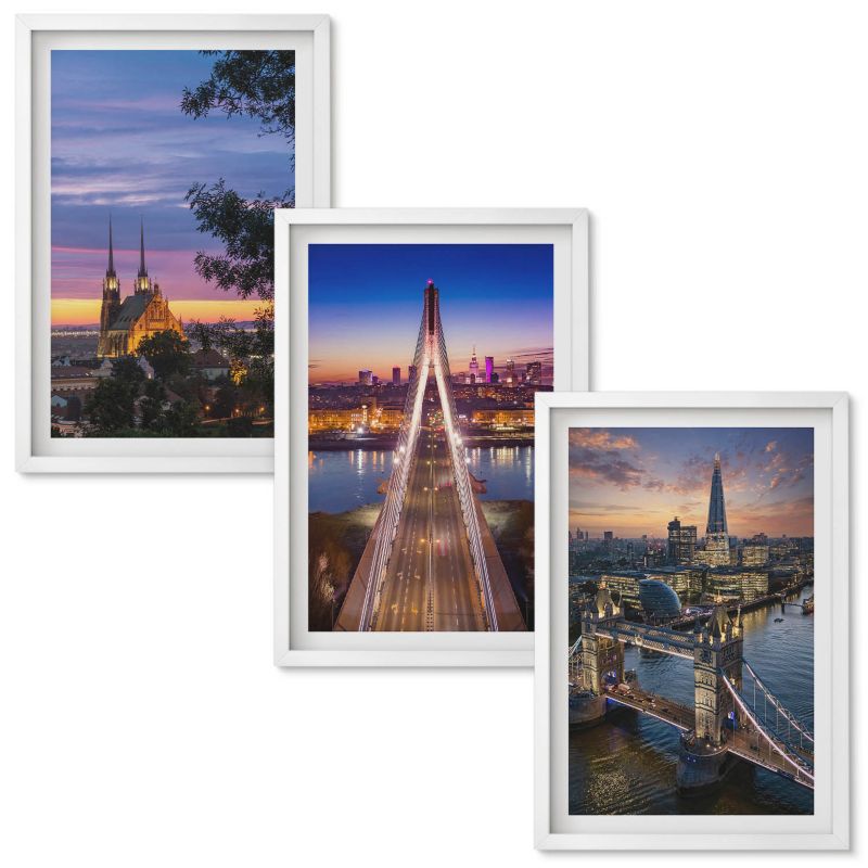 Obraz Ścienny Zestaw Wallfluent Widoki mostów i zachody słońca Biała rama 40x60 cm 3 szt.