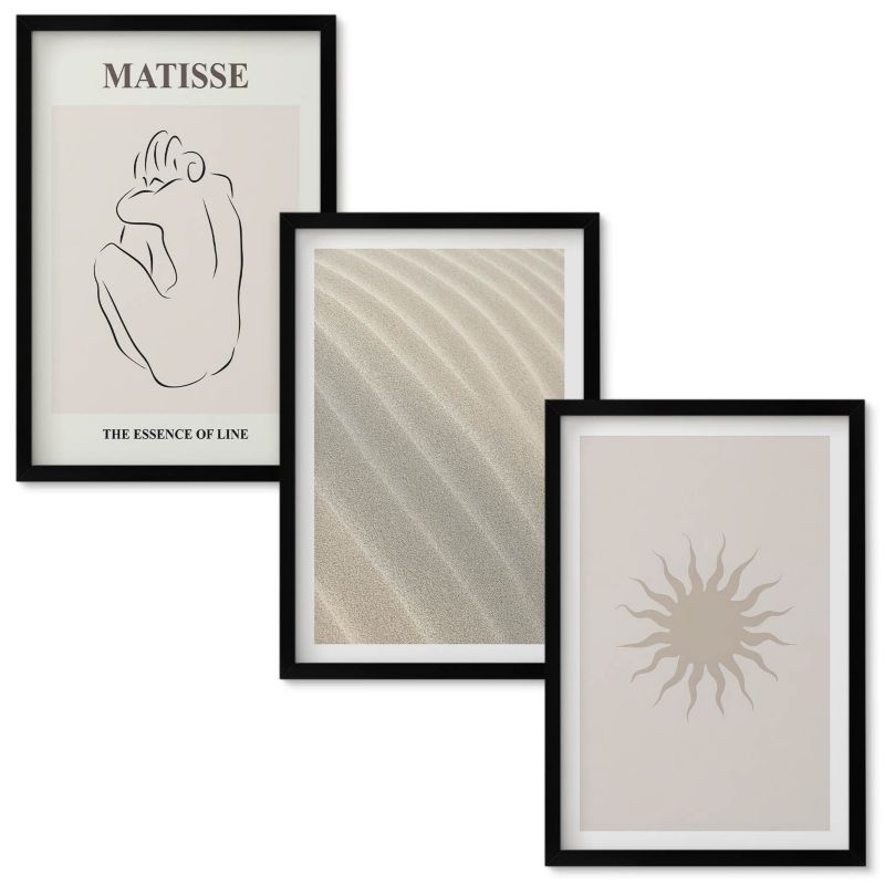 Zestaw obrazów Wallfluent Minimalistyczne linie piasku słońce Czarna rama 40x60 cm 3 szt.