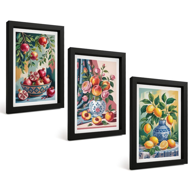 Galeria 3 Obrazów w Czarnej Ramie ArtPrintCave 20x30 cm Komplet ścienny Kwiaty owoce w wazonach 1 kpl.