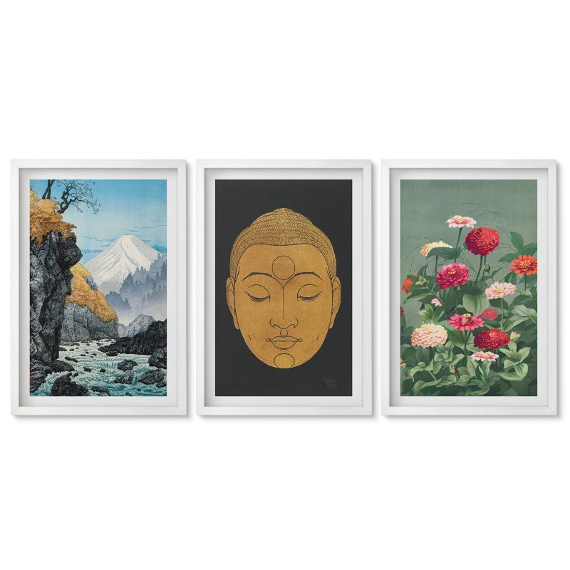 Trzy obrazy w białej ramie zestaw Tulup 40x60 cm Japońska natura kultura japandi Galeria ścienna 1 kpl