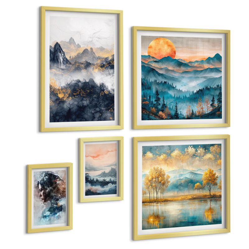 Zestaw Obrazów 5 Częściowy ArtPrintCave (2x50x50+2x20x30+40x60cm) Złota rama Tropikalne rośliny ptaki natura 1 kpl.