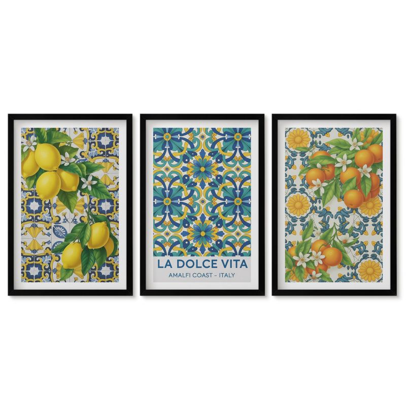 Zestaw 3 obrazów pionowych Tulup 40x60 cm Cytryny kwiaty pomarańcze Italia Obrazy nad biurko zestaw czarna rama 1 kpl