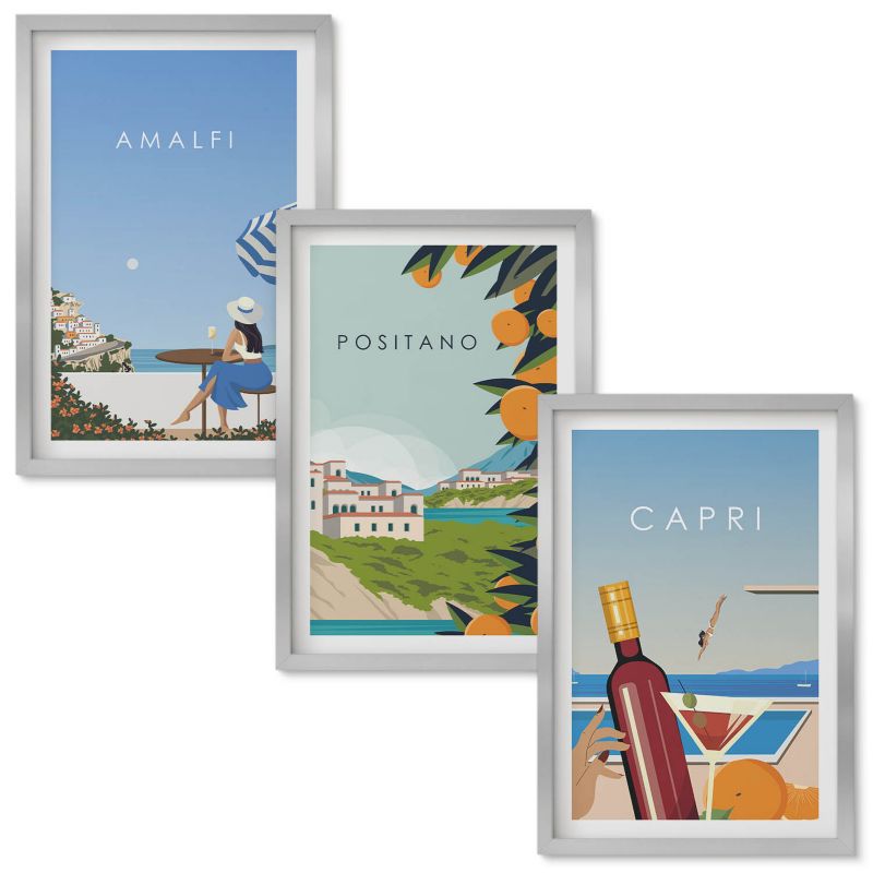 Obraz Ścienny Zestaw Wallfluent Amalfi Positano i Capri Srebrna rama 40x60 cm 3 szt.