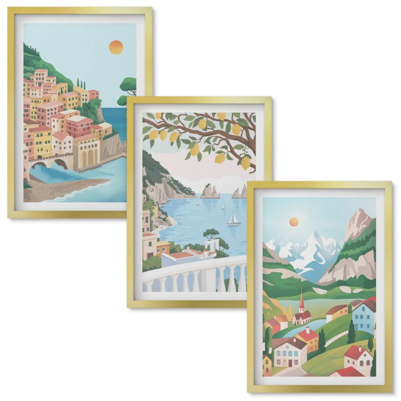 Set Obrazów w Ramie Wallfluent Widoki nadmorskie pastelowe Złota rama 40x60 cm 3 szt.