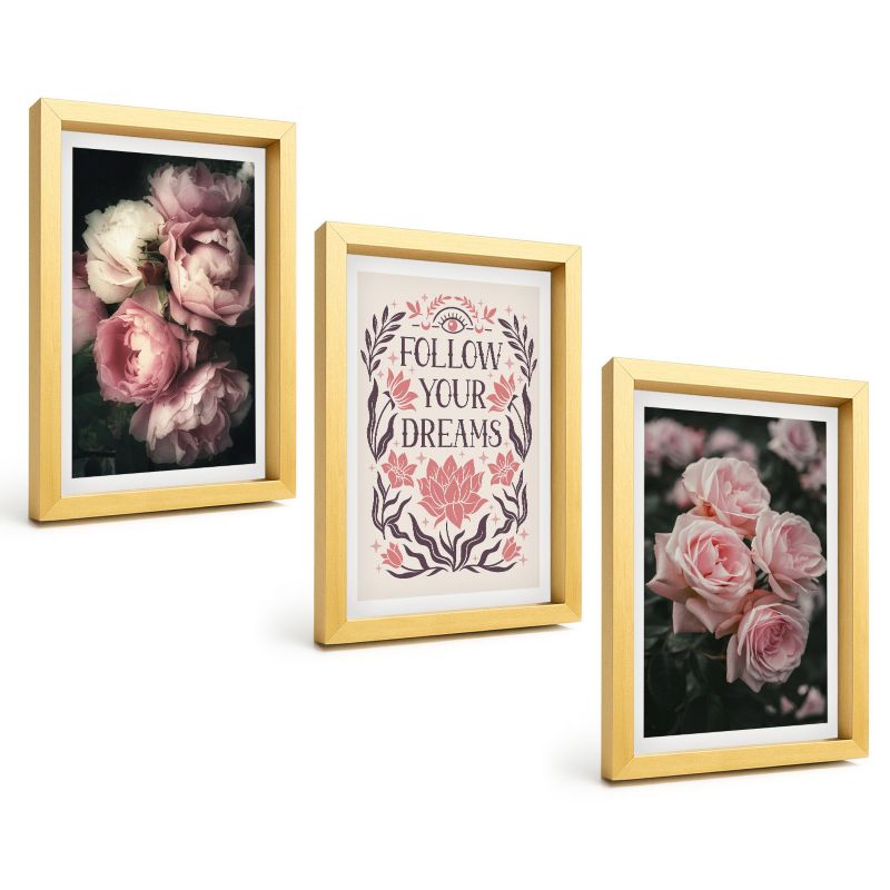 Galeria 3 Obrazów w Złotej Ramie ArtPrintCave 20x30 cm Komplet ścienny Vintage róże marzenia napis 1 kpl.