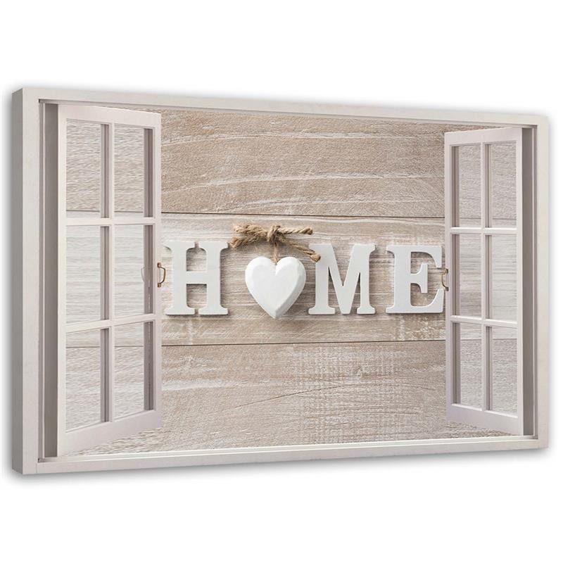 Obraz na płótnie Feeby Napis Home na jasnym drewnie w oknie 90x60cm 1szt