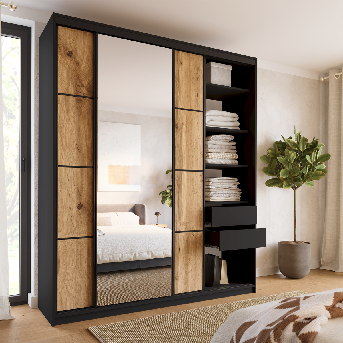 Loftowa szafa przesuwna z lustrem 200 cm LOFT MAX z półkami