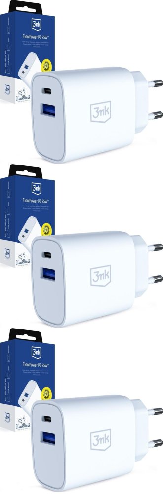 3x Ładowarka sieciowa 3mk FlowPower Hyper Charger PD 25W, USB-C/USB-A, biały