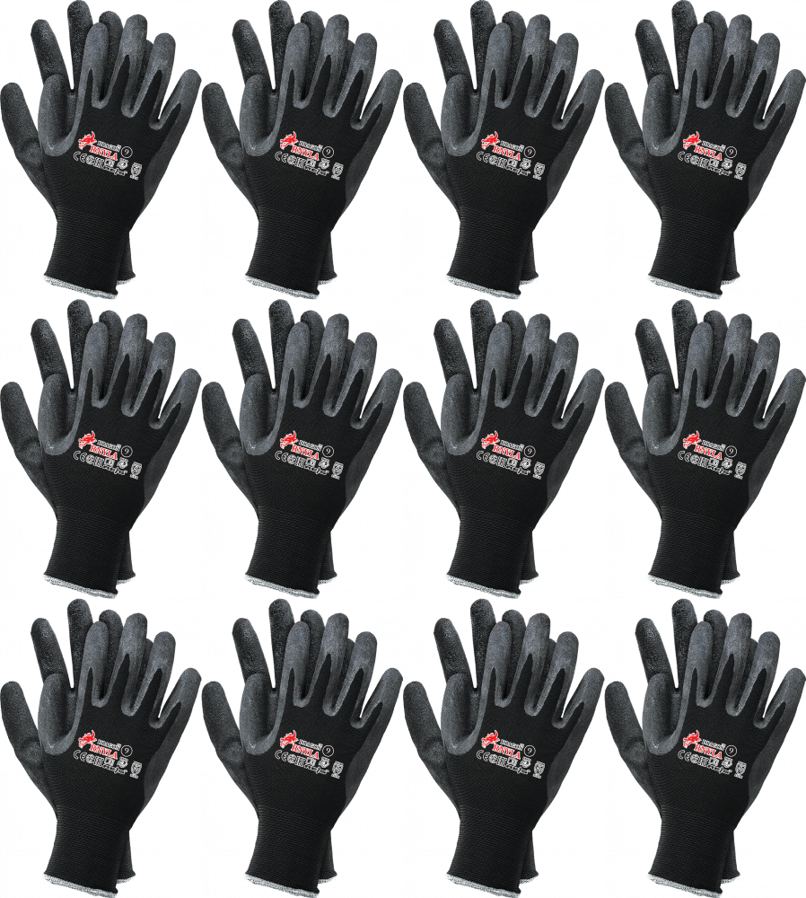 12x Rękawice robocze Reis Dragon RNYLA B, powlekane, rozmiar 11, czarny