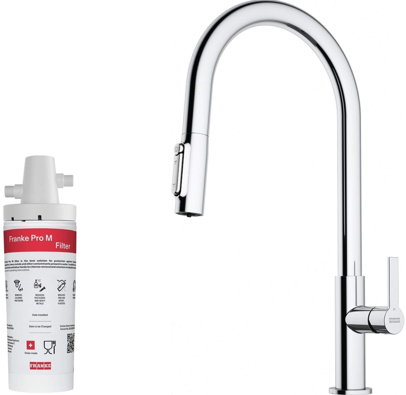 Zestaw Franke Maris Slim Clear Water J Pull-Out bateria kuchenna stojąca chrom z zestawem startowym z filtrem (1500752886, 1200730870)