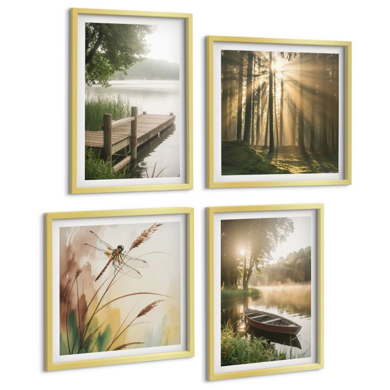 Komplet 4 Obrazów ArtPrintCave (2x50x50+2x40x60cm) Złota rama Jezioro las łódka mgła poranna 1 kpl.