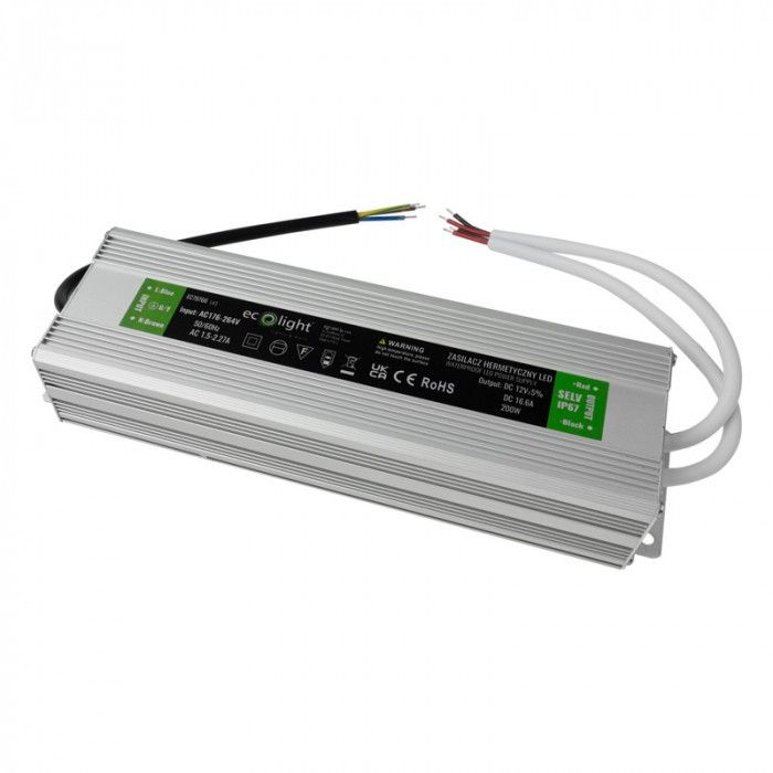 Zasilacz transformator do LED Ecolight moc 200W output 12V DC stałoprądowy IP67 - 1 szt