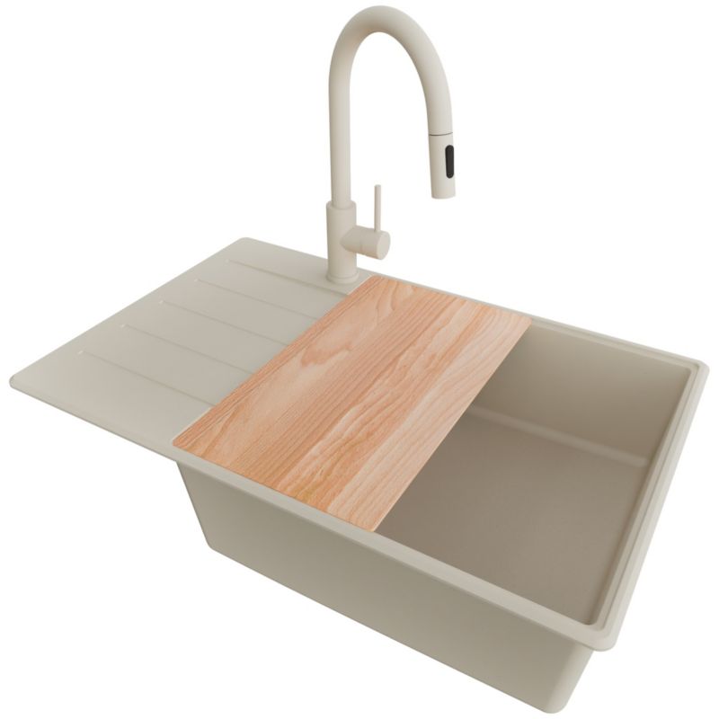 Zlewozmywak Granitowy Kopenhaga Top PRIMAGRAN Nablatowy 78x50cm do Szafki od 60cm, Beżowy + Bateria + Syfon + Deska, S645, 1 szt.