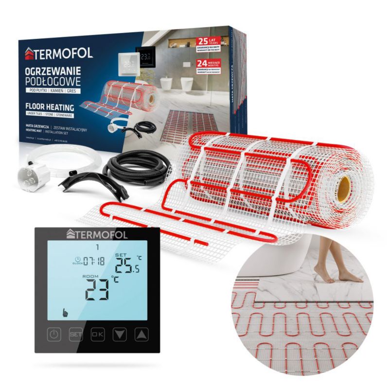 Zestaw mata grzewcza TERMOFOL moc 150W/m² szerokość 50 cm powierzchnia 7m² + termoregulator TF-H1 Black 1kpl