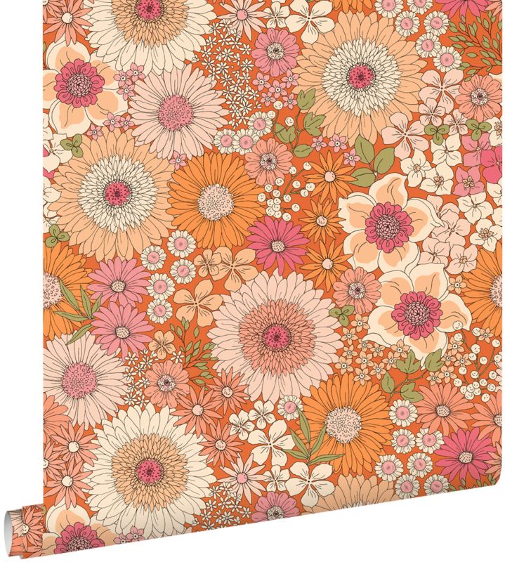 Tapeta ESTAhome retro kwiaty pomarańczowymIróżowym 53 cm x 10.05 m - 1 rol.