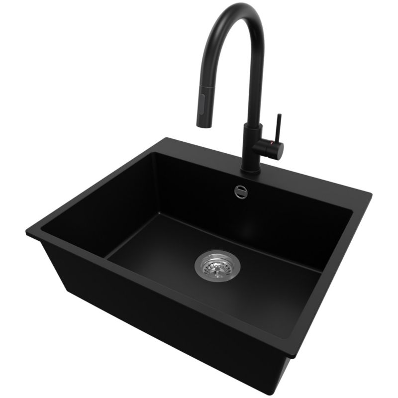 Zlewozmywak Granitowy Ryga PRIMAGRAN Nablatowy 58x50cm do Szafki od 60cm, Czarny + Bateria 40x20cm + Syfon, S323, 1 szt.