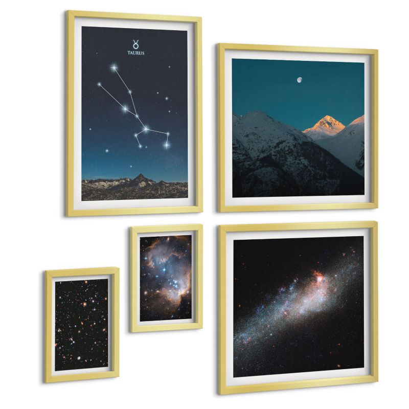 Zestaw 5 Obrazów ArtPrintCave (2x50x50+2x20x30+40x60cm) Złota rama Kosmiczne pejzaże gwiazdami 1 kpl.