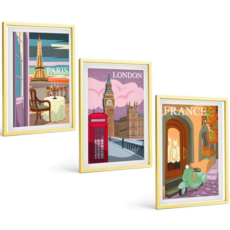 Zestaw Obrazów 3 Częściowy ArtPrintCave Złote Ramki 40x60 cm Dekoracja do Sypialni Widoki Paryż Londyn retro 1 kpl.