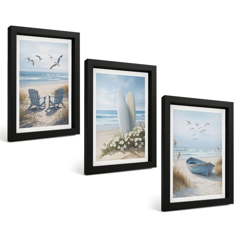 Zestaw Obrazów 3 Częściowy ArtPrintCave Czarne Ramki 20x30 cm Dekoracja do Sypialni Plaża deski surfingowe ptaki 1 kpl.