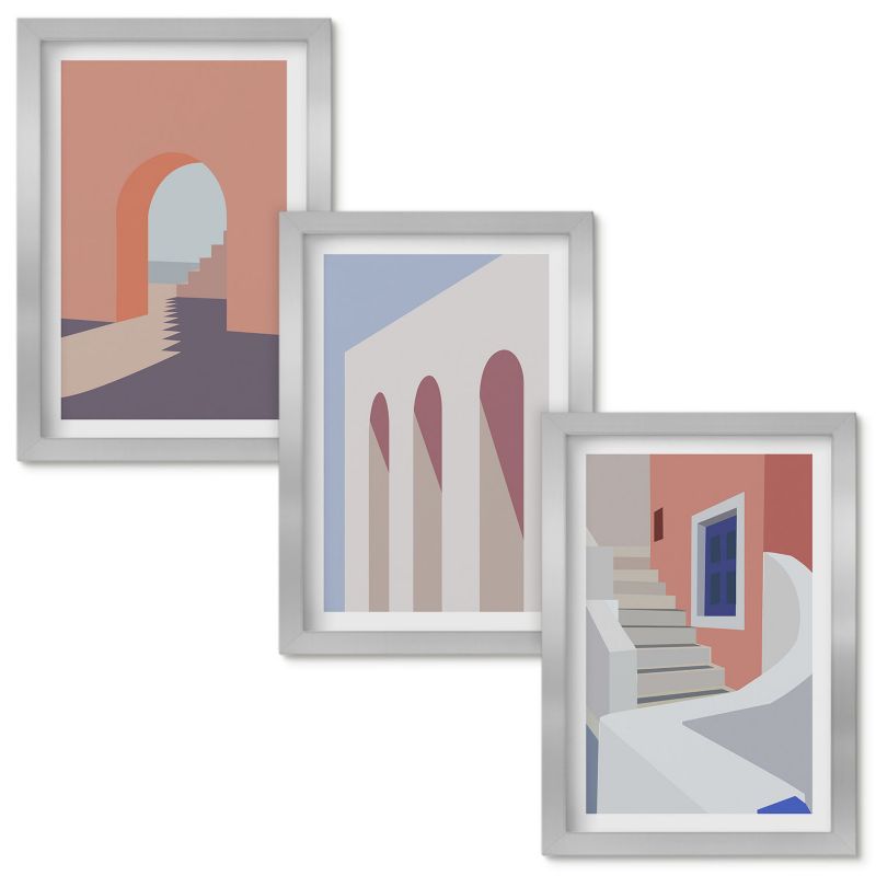 Tryptyk Obrazów w Ramie Wallfluent Ilustracje architektury minimalizm Srebrna rama 20x30cm 3 szt.
