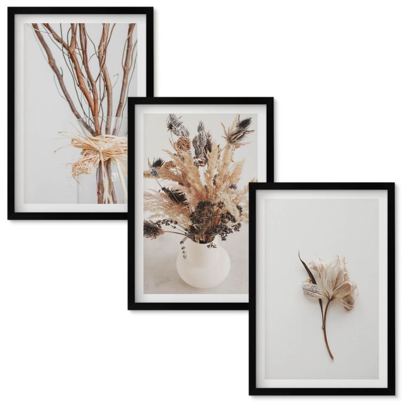 Set Obrazów w Ramie Wallfluent Kwiaty gałęzie minimalistycznie Czarna rama 40x60 cm 3 szt.
