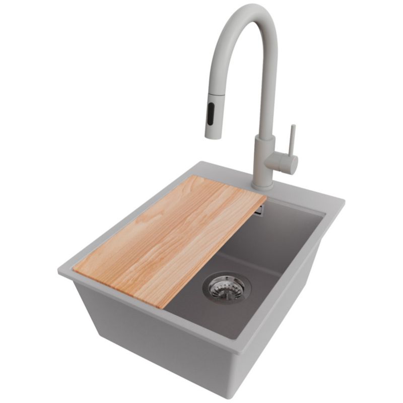 Zlewozmywak Granitowy Oslo Top PRIMAGRAN Nablatowy 38x50cm do Szafki od 40cm, Szary + Bateria + Syfon + Deska, S095, 1 szt.