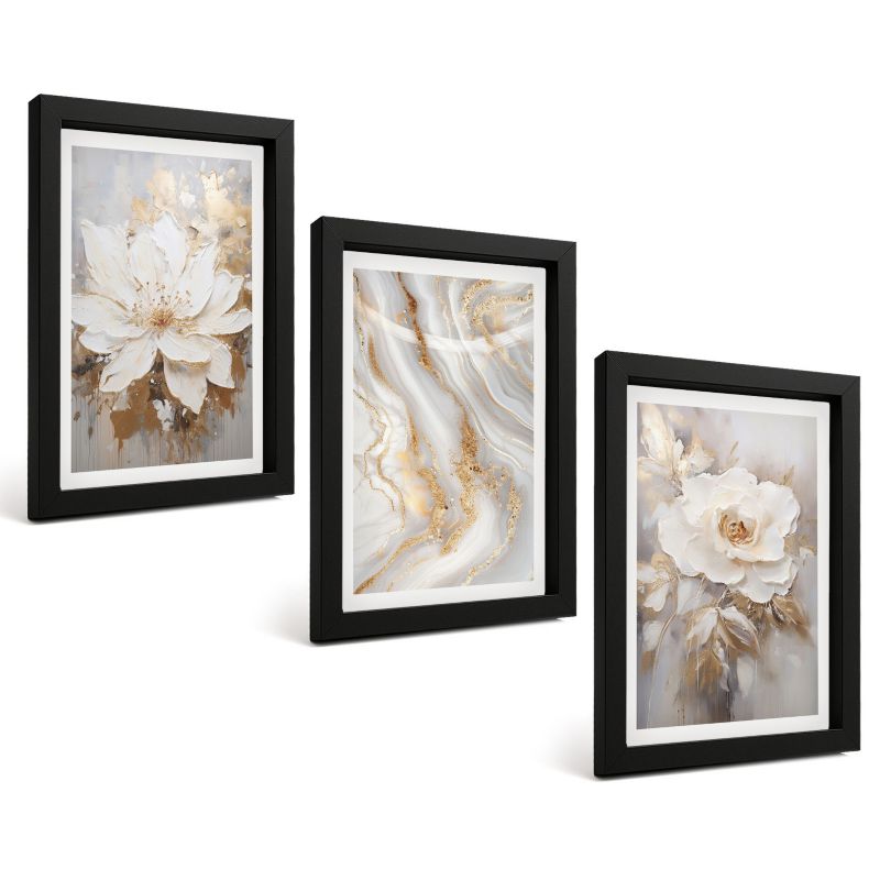 Zestaw Obrazów 3 Częściowy ArtPrintCave Czarne Ramki 20x30 cm Dekoracja do Sypialni Kwiaty abstrakcyjny marmur 1 kpl.