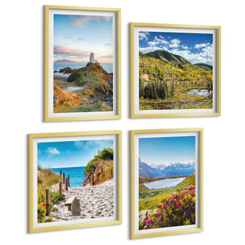 Zestaw 4 Obrazów ArtPrintCave (2x50x50+2x40x60cm) Złota rama Plaża latarnia góry łąki kwiaty 1 kpl.